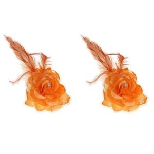 2x stuks oranje artikelen deco bloem met speld/elastiek -
