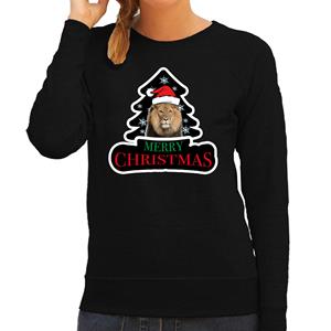 Bellatio Dieren kersttrui leeuw zwart dames - Foute leeuwen kerstsweater -