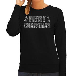 Bellatio Glitter foute kersttrui zwart Merry Christmas glitter steentjes voor dames