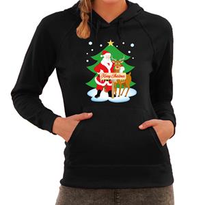 Bellatio Kerstman met rudolf bij Kerstboom Merry Christmas foute Kerst hoodie / hooded sweater zwart voor dam -
