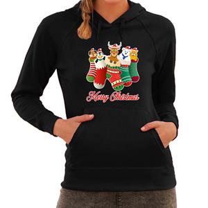 Bellatio Kerstsokken Merry Christmas foute Kerst hoodie / hooded sweater zwart voor dames