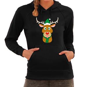 Bellatio Rudolf met Kerstmuts foute Kerst hoodie / hooded sweater zwart voor dames