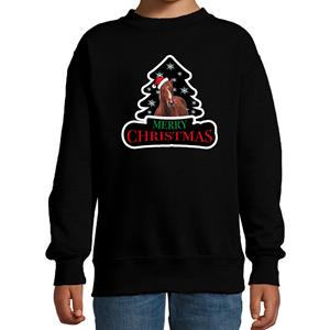 Bellatio Dieren kersttrui paard zwart kinderen - Foute paarden kerstsweater (110/116) -