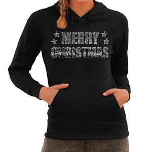Bellatio Glitter foute kersttrui hoodie zwart Merry Christmas glitter steentjes voor dames