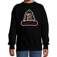 Bellatio Dieren kersttrui poes zwart kinderen - Foute katten kerstsweater (122/128) -