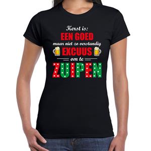 Bellatio Kerst goed excuus om te zuipen fout Kerst t-shirt zwart voor dames