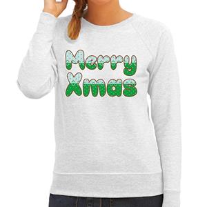 Bellatio Merry xmas foute Kerstsweater / Kersttrui grijs voor dames