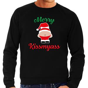 Bellatio Grote maten merry kiss my ass foute Kerst sweater / trui zwart voor heren