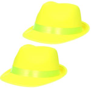 2x stuks trilby carnaval verkleed hoed neon geel -