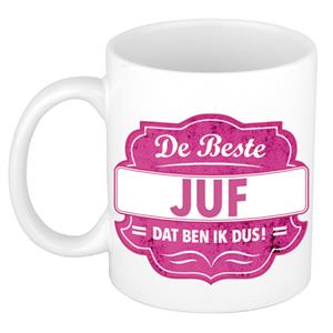 Bellatio De beste juf cadeau koffiemok / theebeker roze embleem 300 ml -