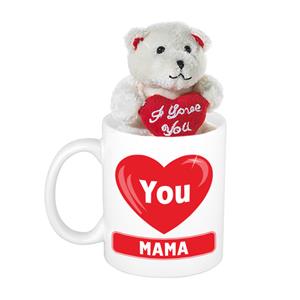 Bellatio Moederdag cadeau hartje I Love Mama beker / mok 300 ml met beige knuffelbeertje met love hartje -