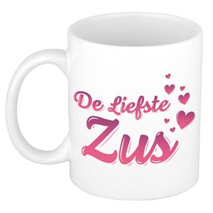 Bellatio De liefste zus kado mok / beker wit met roze hartjes - verjaardagscadeau -