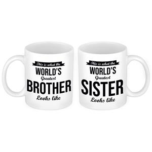 Bellatio Worlds Greatest Brother en Sister mok - Cadeau beker set voor Broer en Zus -