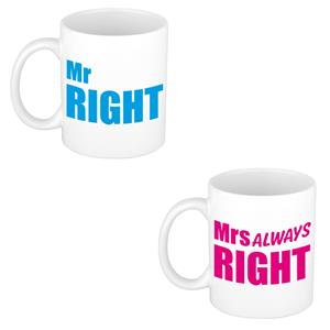 Bellatio Mr right en mrs always right cadeau mok / beker wit met blauwe en roze letters 300 ml -