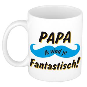 Bellatio Papa ik vind je fantastisch cadeau mok / beker wit met blauwe snor 300 ml -