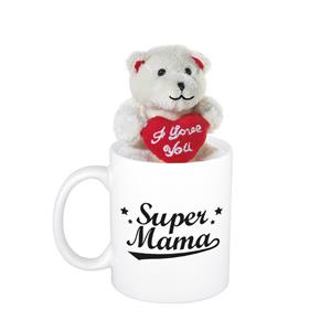 Bellatio Moederdag cadeau Super mama beker / mok 300 ml met beige knuffelbeertje met love hartje -
