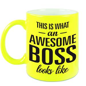 Bellatio Awesome boss cadeau mok / beker voor baas neon geel 330 ml -