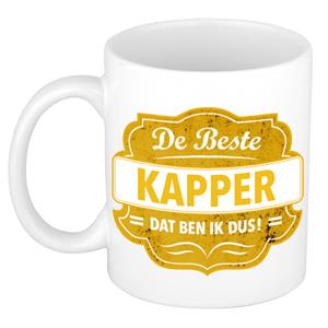 Bellatio De beste kapper dat ben ik cadeau mok / beker wit met geel embleem 300 ml -