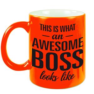 Bellatio Awesome boss cadeau mok / beker voor baas neon oranje 330 ml -