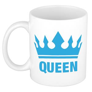 Bellatio Cadeau Queen mok/ beker wit met blauwe bedrukking 300 ml -