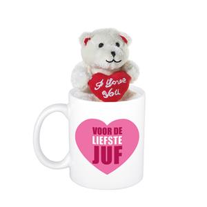 Bellatio Juffendag cadeau hartje voor de liefste juf beker / mok 300 ml met beige knuffelbeertje -