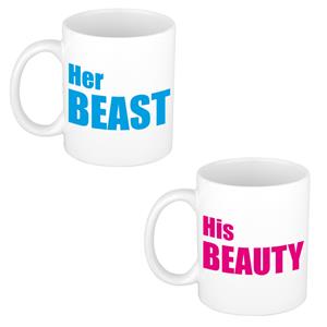 Bellatio Her beast en his beauty cadeau mok / beker wit met blauwe letters 300 ml -