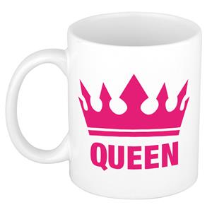 Bellatio Cadeau Queen mok/ beker wit met fuchsia roze bedrukking 300 ml -