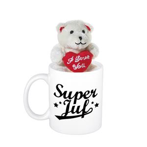 Bellatio Juffendag cadeau Super juf beker / mok 300 ml met beige knuffelbeertje -