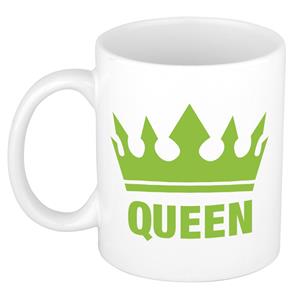 Bellatio Cadeau Queen mok/ beker wit met groene bedrukking 300 ml -