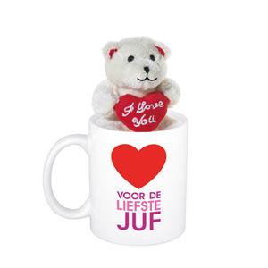 Bellatio Juffendag cadeau Voor de liefste juf beker / mok 300 ml met beige knuffelbeertje -