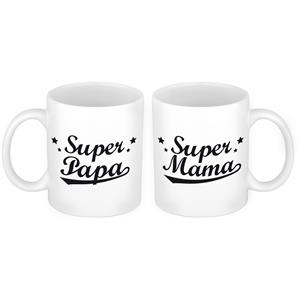 Bellatio Super papa en mama mok - Cadeau beker set voor Papa en Mama -