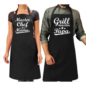 Bellatio Master chef mama keukenschort en Grilmaster papa bbq schort - Cadeau schorten set voor Papa en Mama -