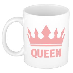 Bellatio Cadeau Queen mok/ beker wit met roze bedrukking 300 ml -