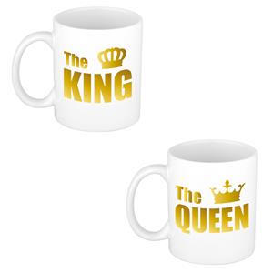 Bellatio The queen en the king cadeau mok / beker wit met gouden kroon en letters 300 ml -