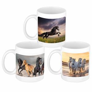 Bellatio 3x stuks Paarden afbeeldingen mokken / bekers wit 300 ml -