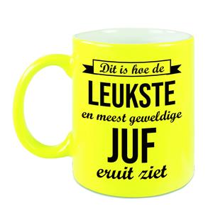 Bellatio Leukste en meest geweldige juf cadeau koffiemok / theebeker neon geel 330 ml -