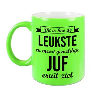 Bellatio Leukste en meest geweldige juf cadeau koffiemok / theebeker neon groen 330 ml -