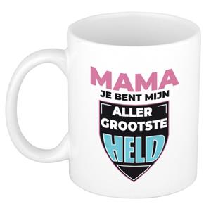 Bellatio Mama je bent mijn allergrootste held cadeau mok / beker wit met schild 300 ml -