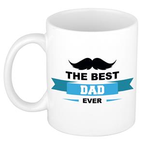 Bellatio The best dad ever kado mok / beker wit met wimpel en snor - Vaderdag / verjaardag -