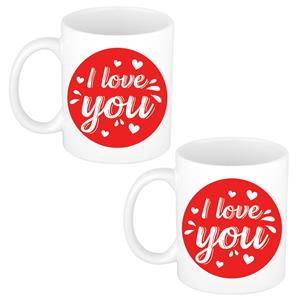 Bellatio Set van 2x stuks I love you cadeau mokken / bekers wit cirkel met hartjes 300 ml -