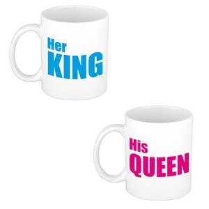 Bellatio His queen and her king cadeau mok / beker wit met roze en blauwe letters 300 ml -