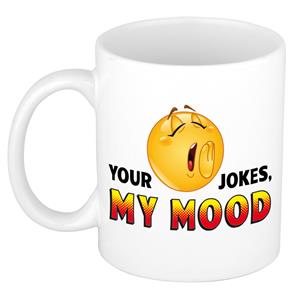 Bellatio Your jokes my mood kado mok / beker wit met smiley - cadeau collega -