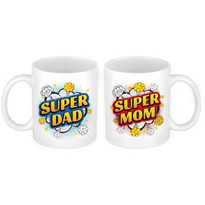 Bellatio Super Dad en Mom cartoon mok - Cadeau beker set voor Papa en Mama -