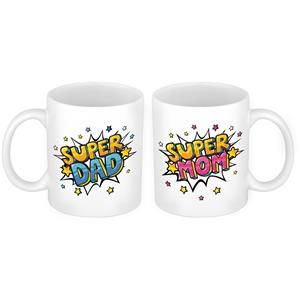 Bellatio Super Dad mok en Mom pop art mok - Cadeau beker set voor Papa en Mama -