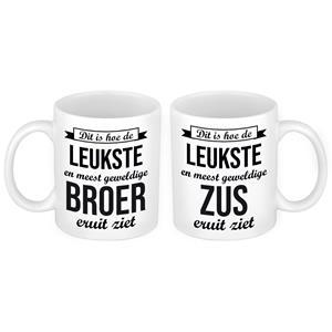 Bellatio Leukste en meest geweldige broer en zus mok - Cadeau beker set voor Broer en Zus -