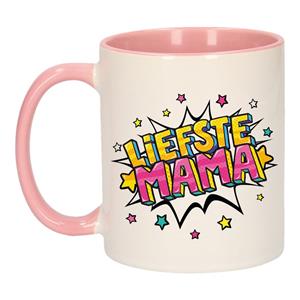 Bellatio Liefste mama cadeau mok / beker wit en roze 300 ml -