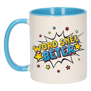 Bellatio Word snel beter cadeau mok / beker wit en blauw 300 ml -