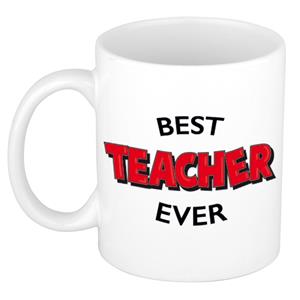 Bellatio Best teacher ever cadeau mok / beker wit met rode cartoon letters voor meester / juf 300 ml -