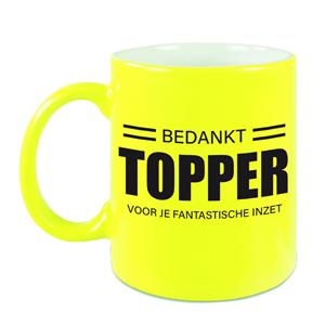 Bellatio Collega cadeau mok / beker neon geel bedankt topper voor je fantastische inzet afscheid/pensioen -