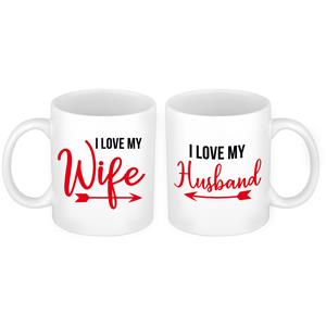Bellatio I love my wife and husband cadeau beker set voor Valentijnsdag 300 ml -